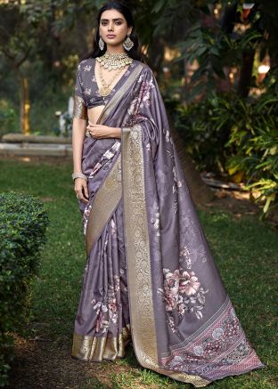 Mauve Purple Art Silk Saree In Floral Print