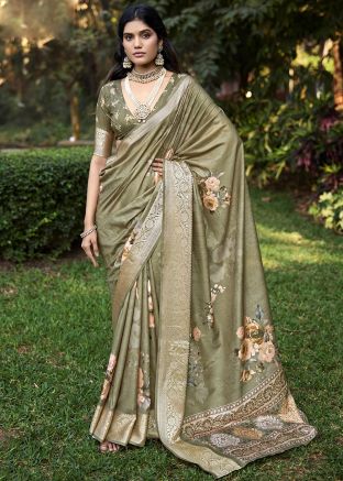 Mehendi Green Art Silk Floral Print Saree