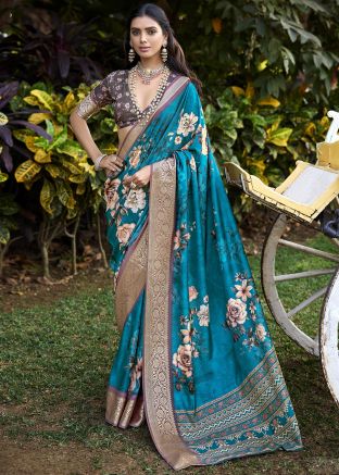 Blue Floral Print Art Silk Saree