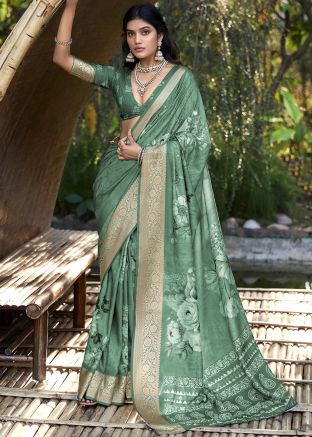 Floral Print Green Art Silk Saree