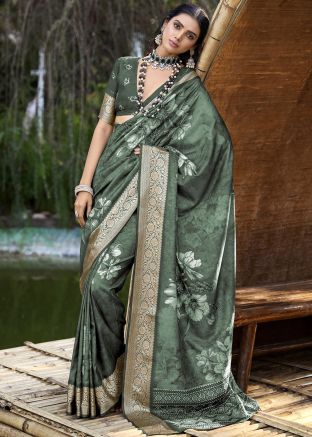 Green Art Silk Floral Print Saree & Blouse