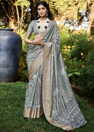 Grey Floral Print Saree With Blouse