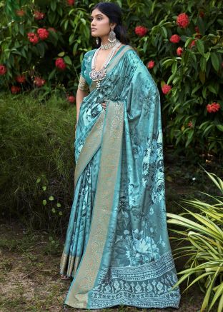 Blue Art Silk Floral Print Saree & Blouse