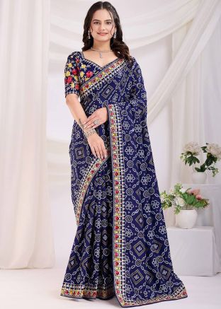 Blue Bandhani Print Art Silk Saree