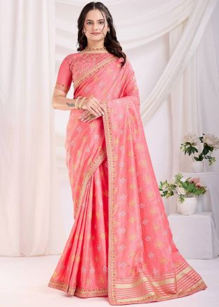 Peach Art Silk Bandhani Print Saree