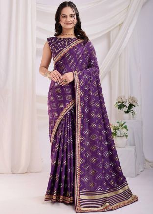 Purple Art Silk Saree In Bandhej Print