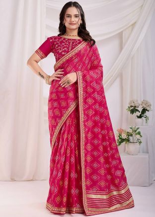Pink Art Silk Saree In Bandhani Print