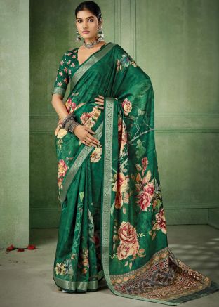 Green Floral Print Saree In Silk