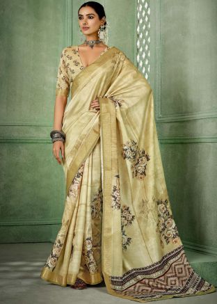 Yellow Floral Print Saree In Silk