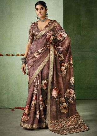 Brown Silk Saree In Floral Print