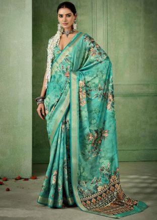 Blue Floral Print Silk Saree