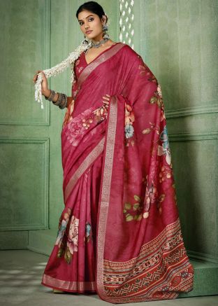 Pink Floral Print Saree In Silk