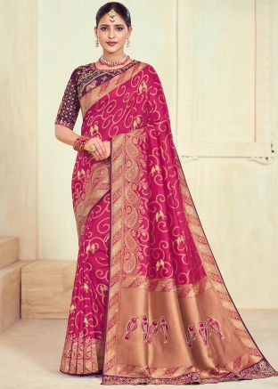 Pink Zari Woven Saree In Silk