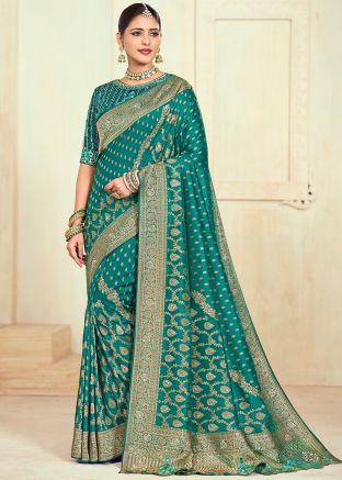 Blue Zai Woven Work Saree In Silk