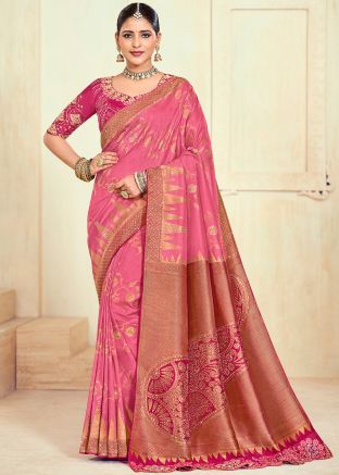 Pink Zari Woven Saree In Silk