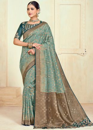 Blue Zai Woven Work Saree In Silk