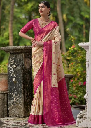 Cream Art Silk Woven Saree With Blouse