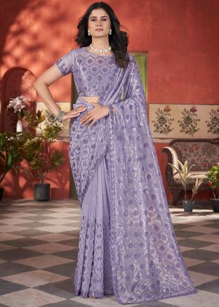 Purple Embroidered Saree In Tissue