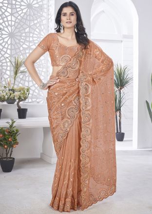 Brown Sequins Embroidered Saree In Tissue