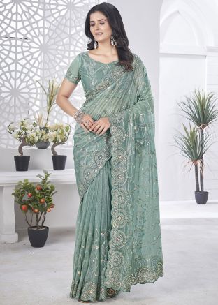 Blue Embroidered Saree In Tissue