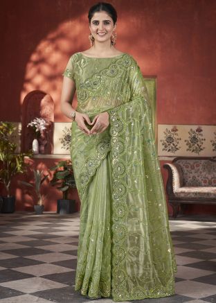 Green Embroidered Saree In Tissue