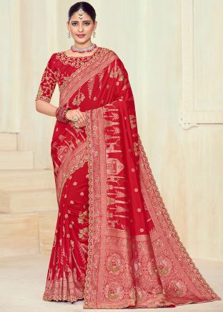 Red Embroidered Saree In Silk