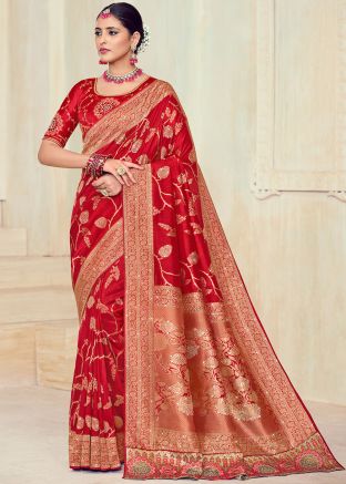 Red Stone Work Saree In Silk