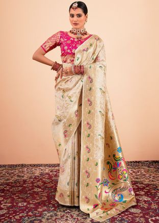 Cream Zari Woven Paithani Silk Saree