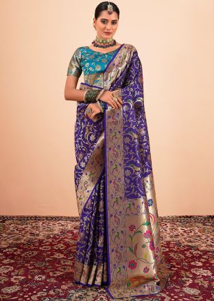 Royal Blue Zari Woven Saree In Paithani Silk