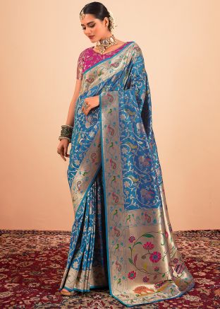 Teal Blue Woven Saree In Paithani Silk
