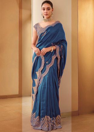 Blue Embroidered Saree In Art Silk