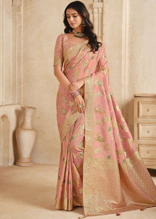 Peach Zari Woven Silk Saree & Blouse