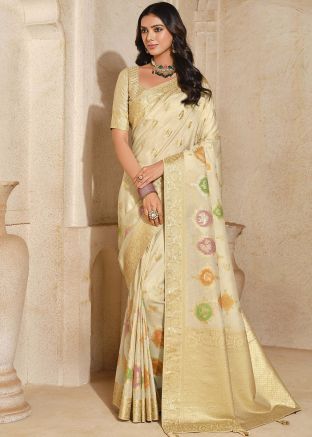 Cream Silk Zari Woven Saree