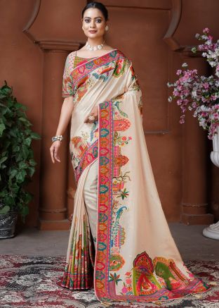 Cream Woven Work Saree In Dola Silk