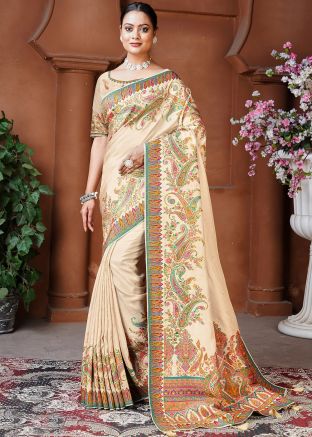 Cream Woven Work Saree In Dola Silk