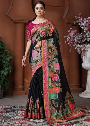 Black Woven Work Saree In Dola Silk