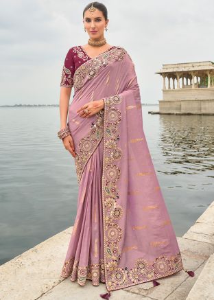 Mauve Pink Embroidered Border Silk Saree
