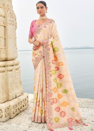 Cream Embroidered Border Saree With Blouse
