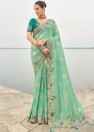 Turquoise Embroidered Silk Saree & Blouse