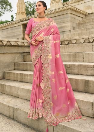 Pink Embroidered Silk Saree With Blouse