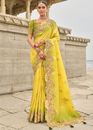 Yellow Silk Embroidered Saree & Blouse