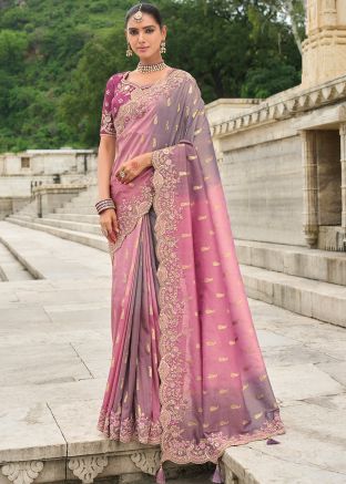 Shaded Purple & Pink Embroidered Silk Saree