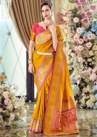 Mustard Yellow Woven Saree In Art Silk