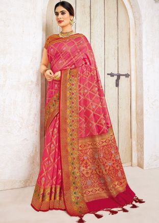 Pink Zari Woven Silk Saree