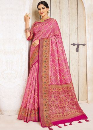 Pink Zari Woven Silk Saree & Blouse