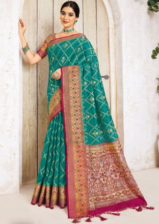 Turquoise Zari Woven Silk Saree With Blouse