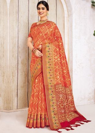 Orange Woven Silk Saree With Blouse