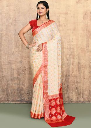 Cream Zari Woven Saree In Georgette