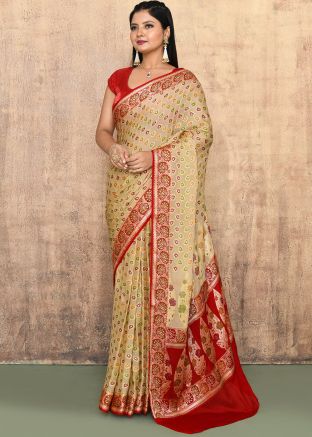 Beige Georgette Woven Saree & Blouse