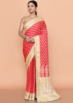 Red Georgette Zari Woven Saree